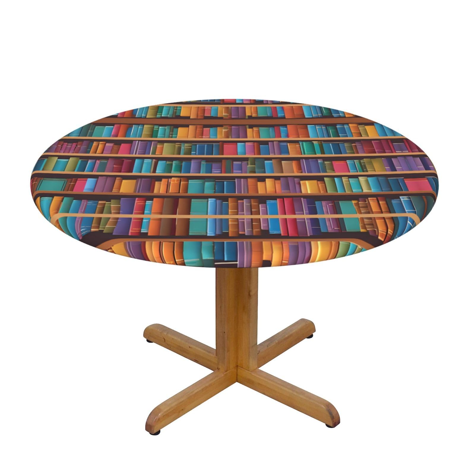 ESNAIUVCD library bookshelf print Waterproof Round Tablecloth,Outdoor Table Cloth with Elastic Edged, Elastic Tablecloth Wipeable, Garden Table Cloth Suitable for sizes 90cm-140cm