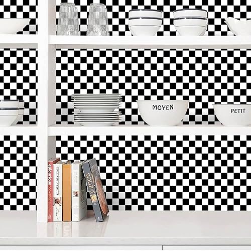 Miniatura 7 de Papel de contacto blanco y negro, mosaico, a cuadros, despegar y pegar, 17.7 x 300 pulgadas, rollo de vinilo autoadhesivo impermeable para baño,