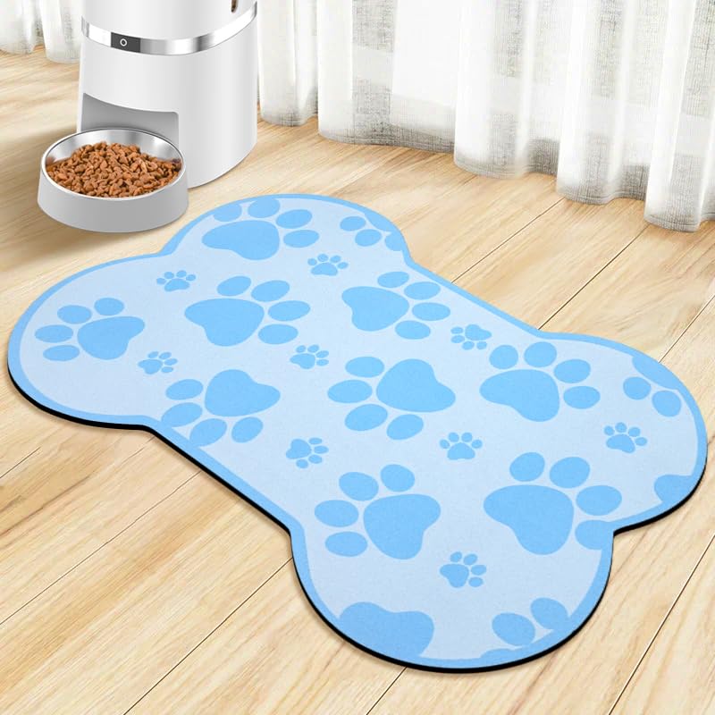 Dog Food Mats for Floors Waterproof, Pet Feeding Absorbent Water Bowl Mat Cat Placemats Blue Bone Shape 25.5 * 17 inch