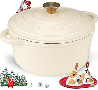 Overmont 28cm/6.6L Enamelled Cast Iron Round Casserole Pot With Lid Cookbook & Cotton Potholders - Non-stick Dutch Oven Cookware for Braising, Stews, Roasting, Bread Baking - Cream white, 7QT