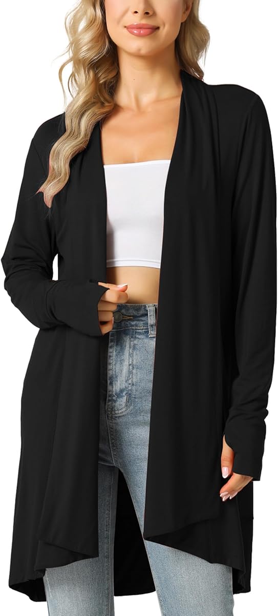 LazyCozy Women's Lightweight Long Sleeve Draped Cardigan Slouchy Open Front Cover Up Stretch Jersey Sweater