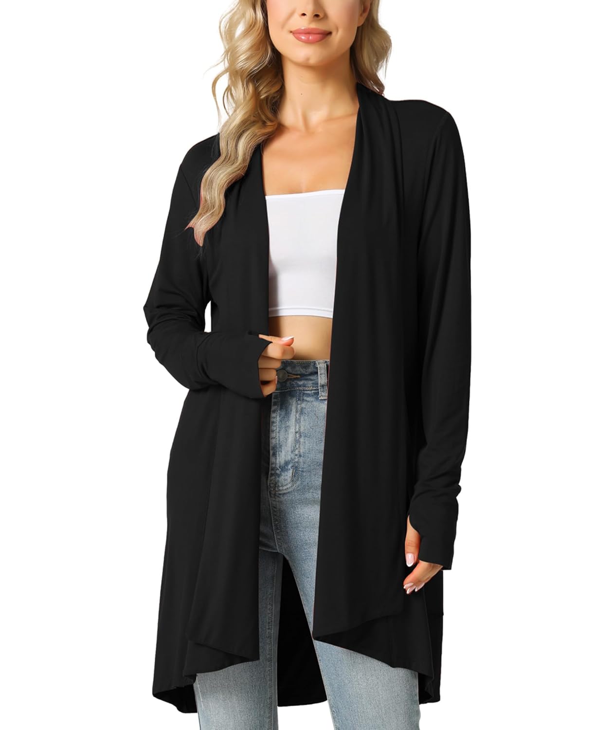 LazyCozy Womens Lightweight Long Sleeve Draped Cardigan Slouchy Open Front Cover Up Stretch Jersey Sweater