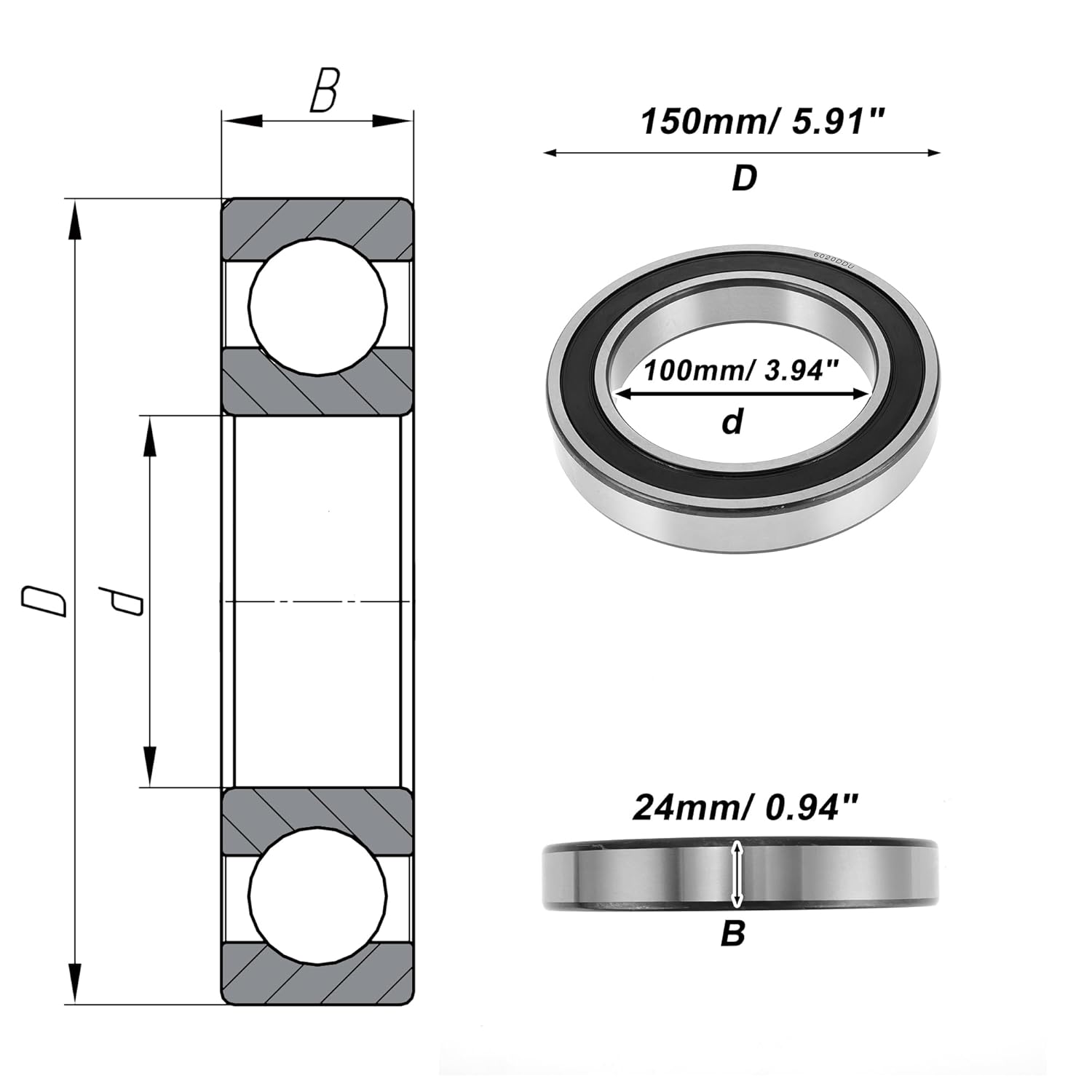 ACROPIX 6020DDU Deep Groove Ball Bearings Lubricated Bearings Double Rubber Seal 100x150x24mm Black Silver Tone