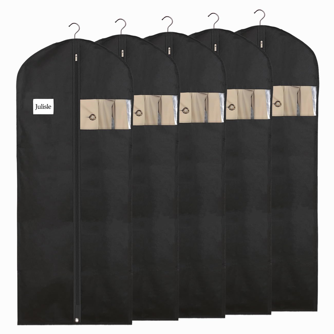 Julisle Long Dress Cover Garment Bag with Zipper & Viewing Window, Black, 24''×60'' - 5pcs