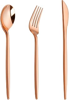 PULOTE 150PCS Rose Gold Plastic Silverware Set - Heavy Duty Rose Gold Utensils - Plastic Cutlery Disposable - Include 50 Forks, 50 Knives, 50 Spoons for Party & Wedding