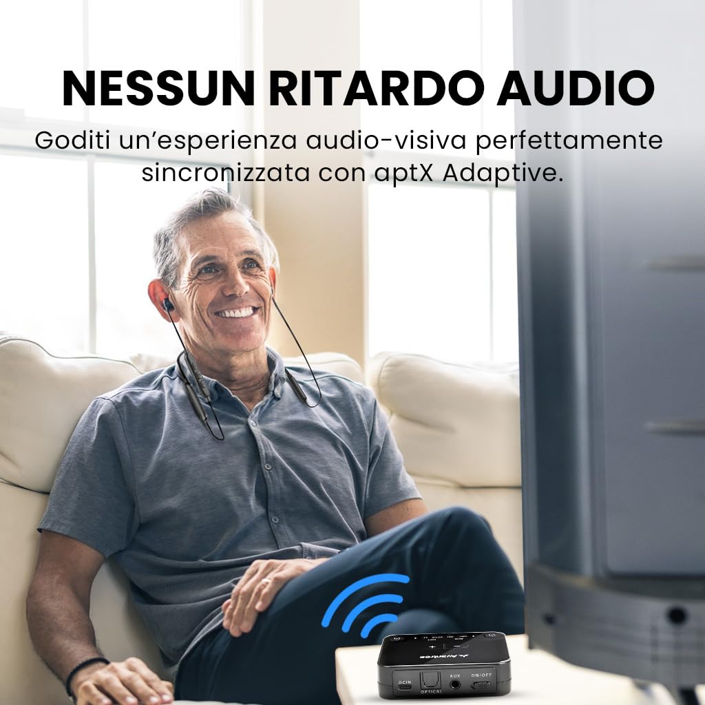 Avantree HT4186-Q - Cuffie Wireless Auricolari a Collana Senza Fili per TV, PC con Trasmettitore Bluetooth, per Audio Ottico Digitale, AUX 3.5mm, Plug & Play, Nessun Ritardo Audio