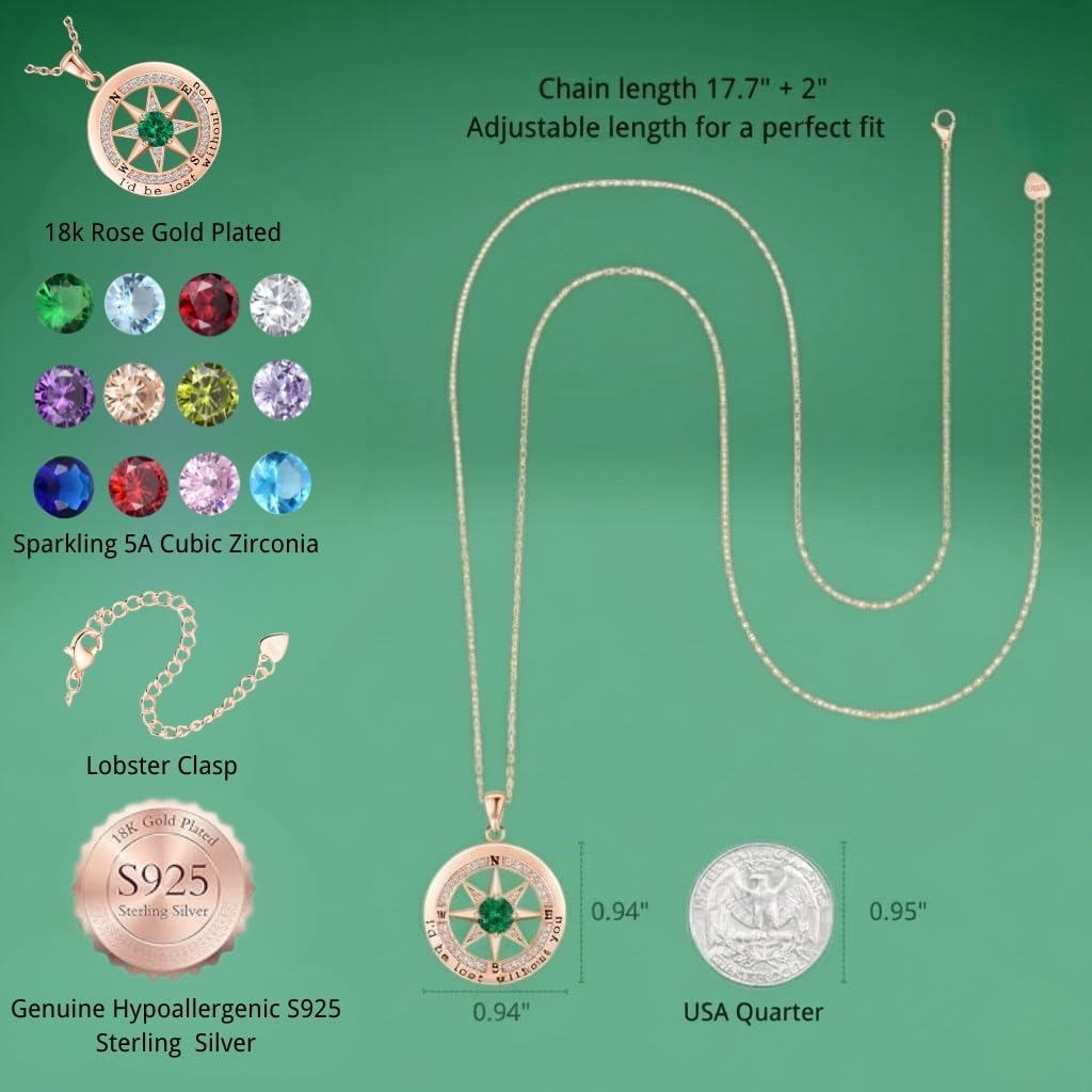 Compass Necklace for Women Wife Girlfriend Mom Daughter Gifts S925 Sterling Silver Jewelry For Anniversary Rose Gold Gifts For Birthday Christmas Mothers Valentines Day 12 Birthstones - Image 4