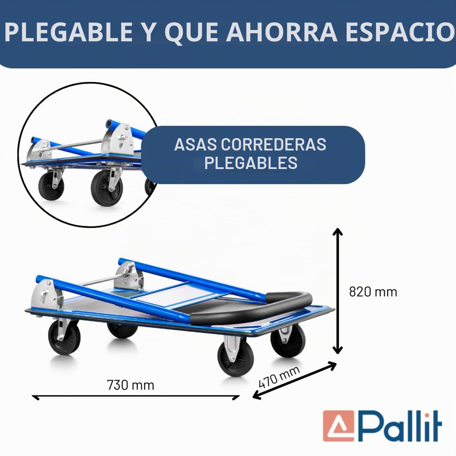 Pallit - Carretilla de transporte plegable en azul, 150 kg de capacidad de carga, carrito portaequipajes con plataforma, revestimiento antideslizante, ayuda al transporte, carretilla manual