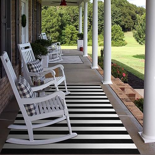 Miniatura 8 de KIMODE - Alfombra de algodón tejida con diseño a rayas en color negro, para puerta de entrada, cocina, decoración de estilo rústico