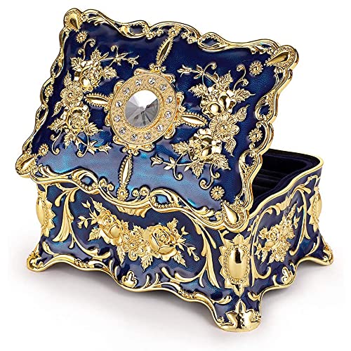 LSLANSOON Joyero vintage estilo rococó organizador de almacenamiento decorativo (pequeño, azul-dorado)