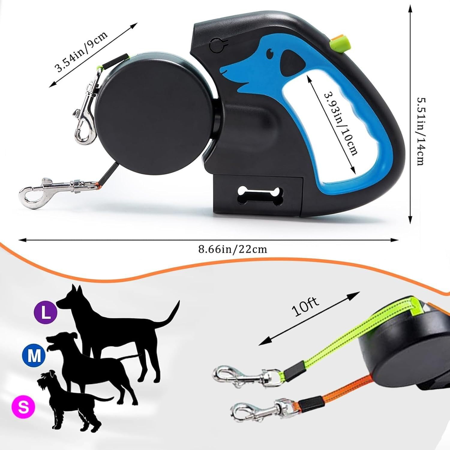 SYH&AQYE Doppelt einziehbare Hundeleine, Hundeleinen mit rutschfestem Griff, um 360° verhedderungsfrei ausziehbar, LED-Taschenlampe, Kotbeutelhalter, Gassigehen mit 2 Hunden(Beige)