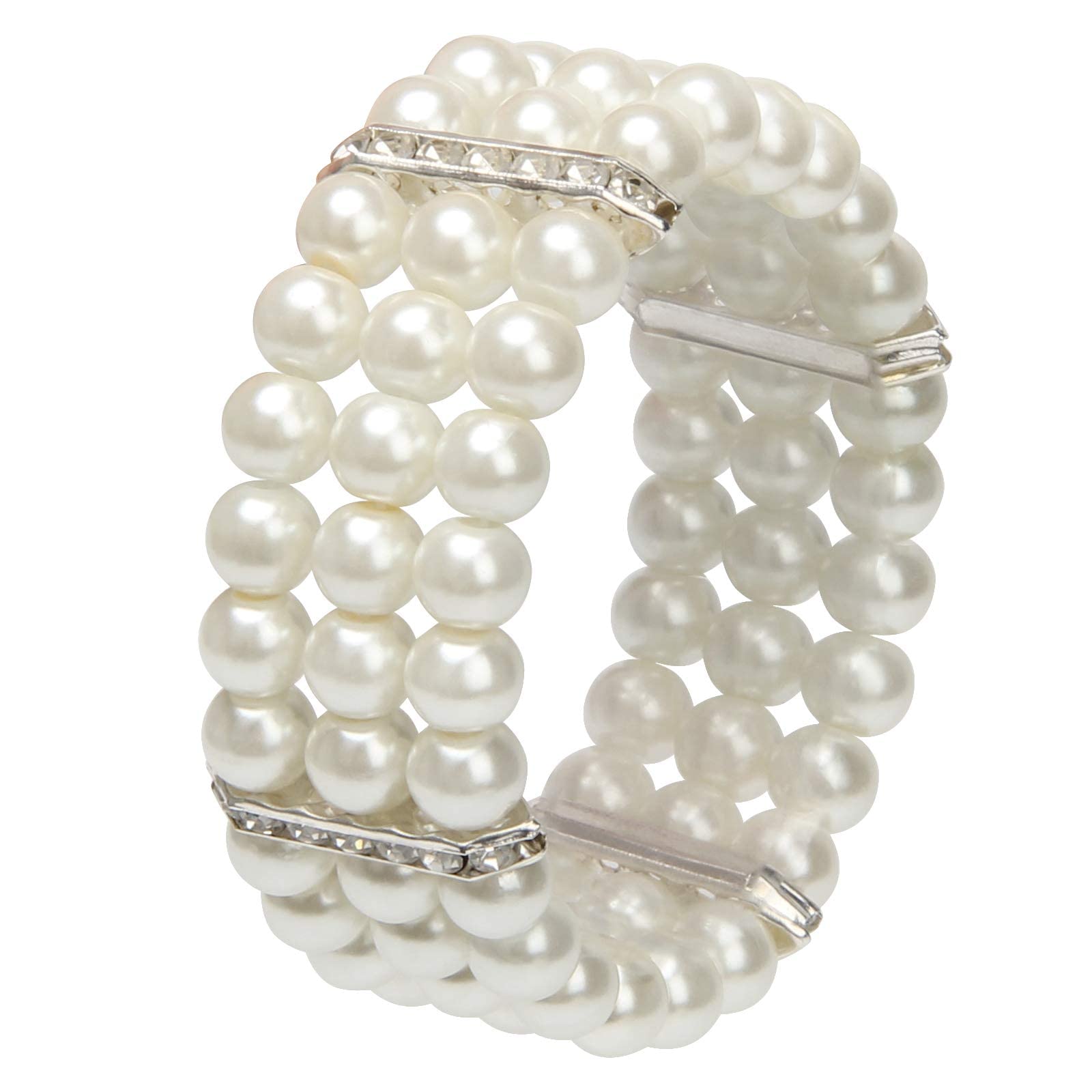 Women Bracelet, Ladies 3 Rows Faux Pearls Accent Off White Stretch Wrist Bracelet Crystal Pearl Wristband Art Deco Bridal Jewelry