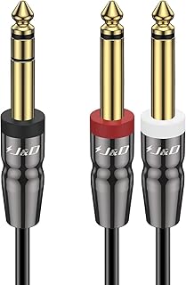 J&D 1/4インチ TRS - デュアルTSケーブル、金メッキ6.35mmステレオオスから2モノオスYスプリッターブレイクアウトアダプターオーディオインターフェイス、ミキサー、スタジオ機器用、10フィート
