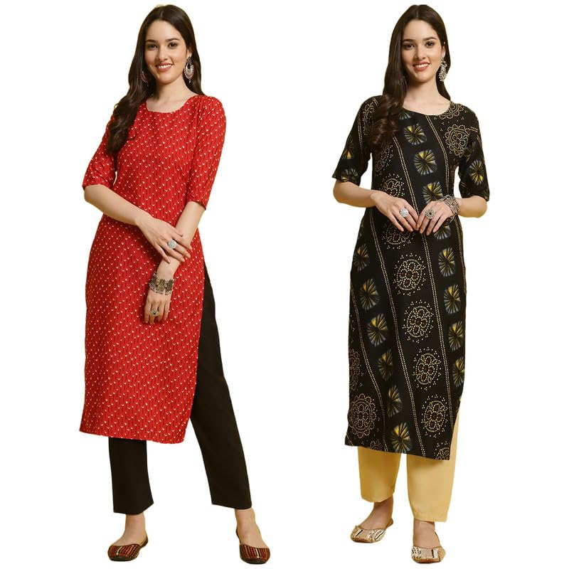 Pinkmint Kurta & Pant Set Ll Printed Kurti Ll Combo Kurta Set Ll (Pack Of 2) Red-Black