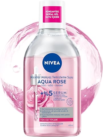 NIVEA Aqua Rose Gül Suyu ve Serum İçeren Çift Fazlı Micellar Makyaj Temizleme Suyu 400ml,Yüz Göz Dudak, SPF Filtrelerini Temizler