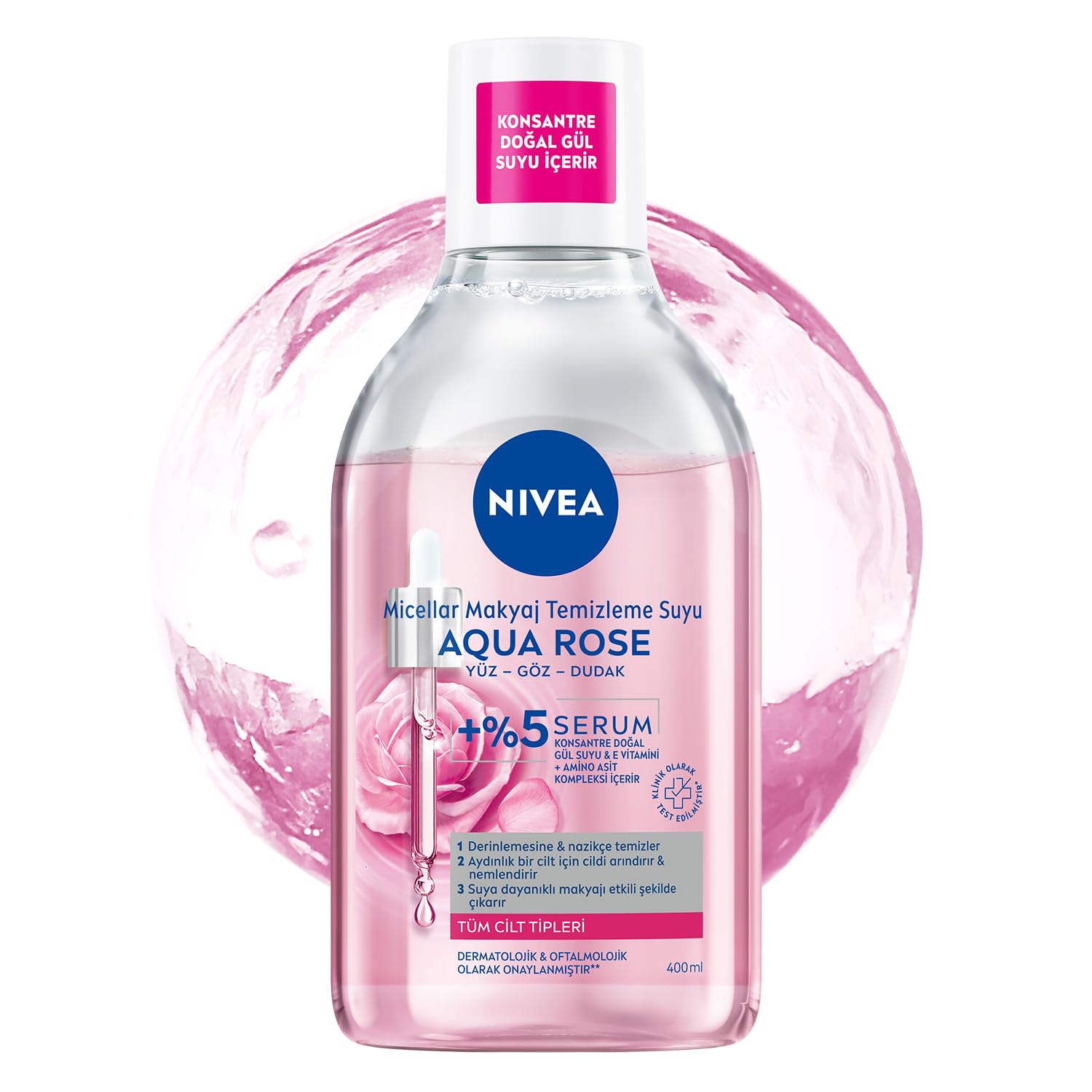 NIVEA Aqua Rose Gül Suyu ve Serum İçeren Çift Fazlı Micellar Makyaj Temizleme Suyu 400ml,Yüz Göz Dudak, SPF Filtrelerini Temizler
