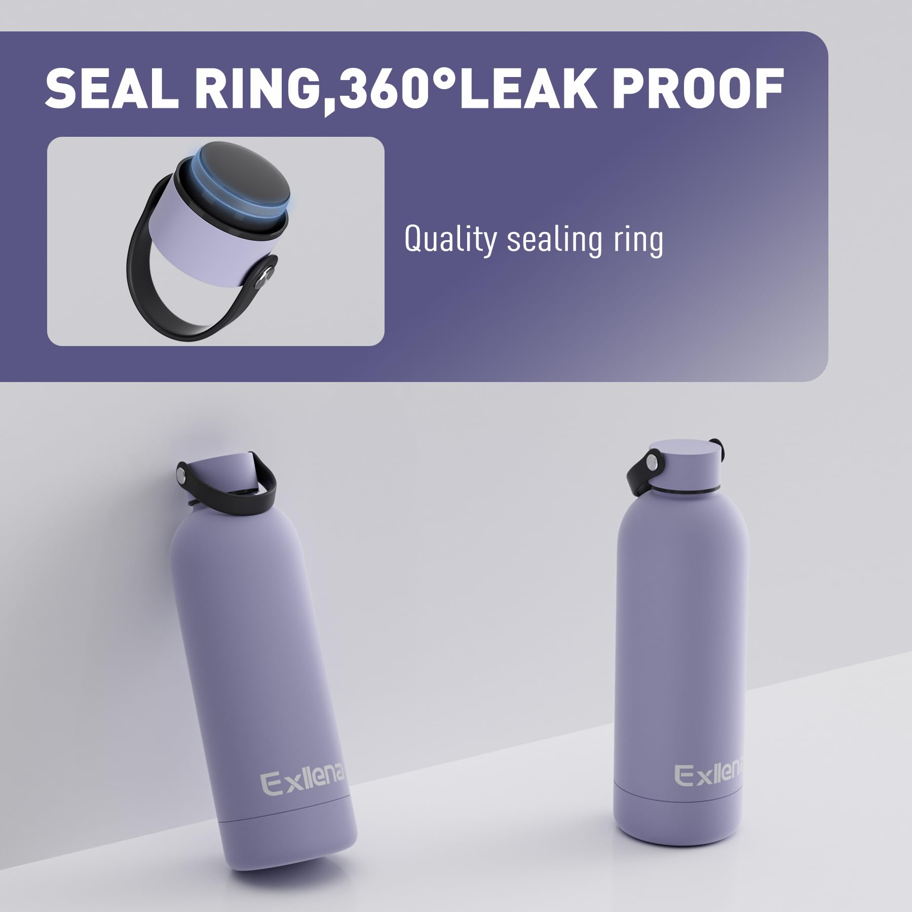 Exllena Borraccia Termica 500 ml con Maniglia e Moschettone - Borraccia 500 ml Mantenere Calore/Freddo - Senza BPA - 100% A Tenuta Stagna per Escursioni, Campeggio, Viaggi...(Viola)