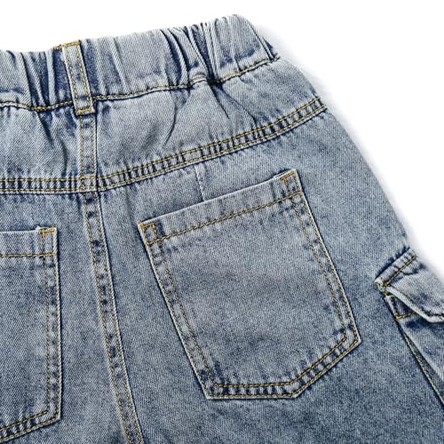 KIDSCOOL SPACE 8-Pocket Girls Wide-Leg Denim Pants, 5-14T Ribbed Elastic Waist with D-Ring Loops Cargo Jeans3