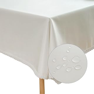 Aspthoyu Waterproof White Tablecloth 140×180cm Rectangular Lace Table Cloth Wipe Clean Cotton Linen Table Cover Kitchen Dining Party