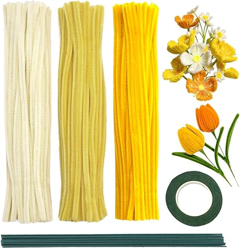 Miniatura 9 de URSDIART 311 piezas de limpiapipas amarillas para manualidades, kit de fabricación de flores de tallos de felpilla, alambre grueso y mullido con