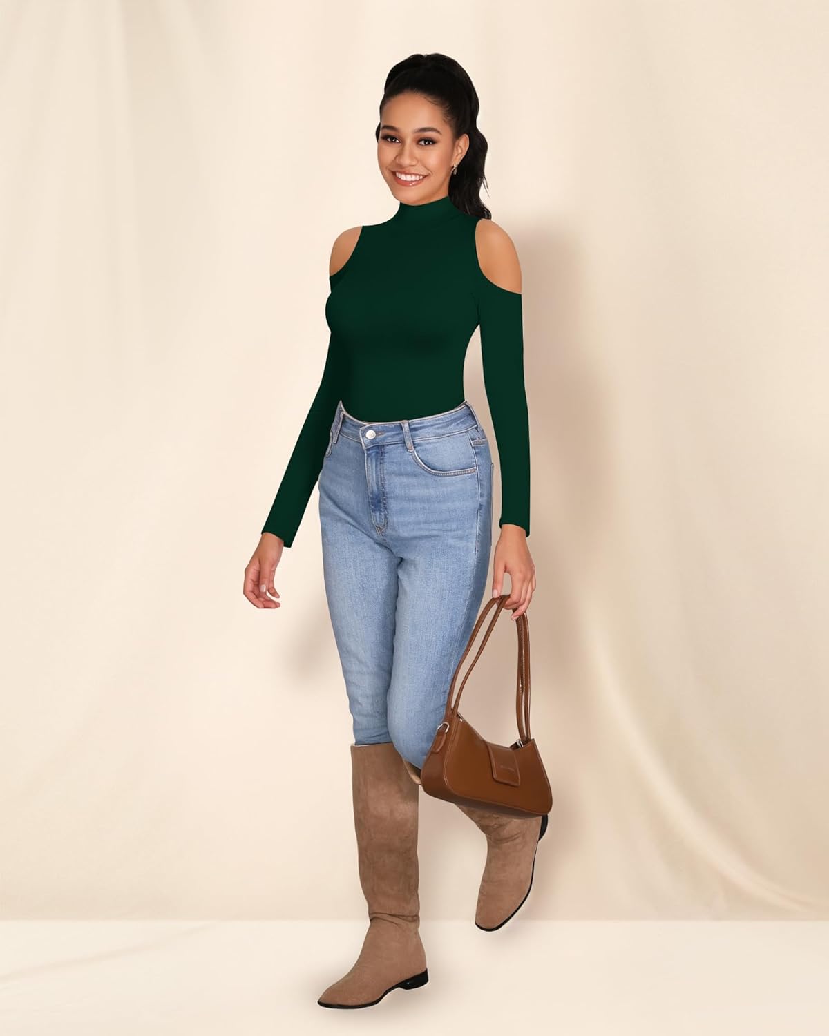 MANGOPOP Long Sleeve Body Suits Mock Turtleneck Sexy Cold Shoulder Cutout Going Out Tops - Image 5