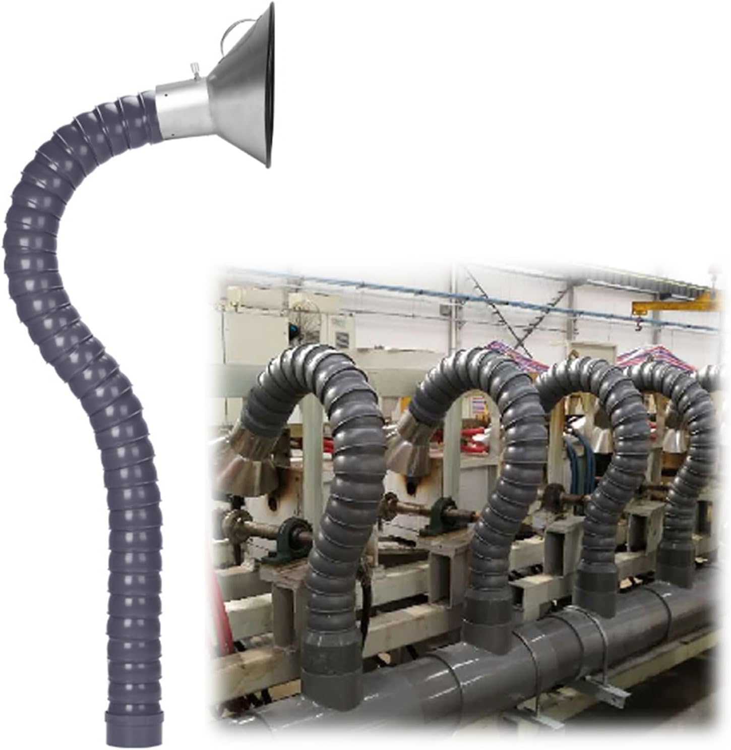 Industrial Duct Hose with Hood - Flexible Fume Extraction Arm Tube, Articulated Dust Collection Hose for Air, Smoke & Dust Removal, 100mm ID (3.94"), 2m (6.6ft)
