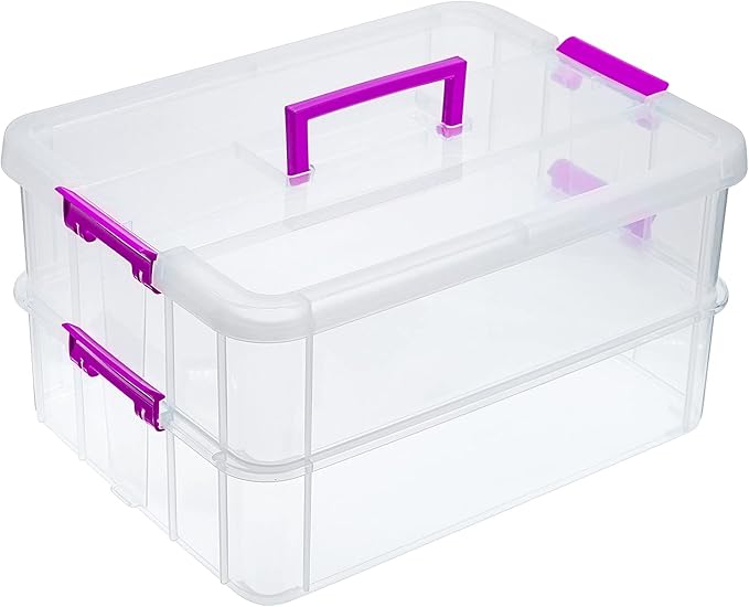 JUXYES 2-Tiers Stack Carry Storage Box With Handle, Transparent Stackable