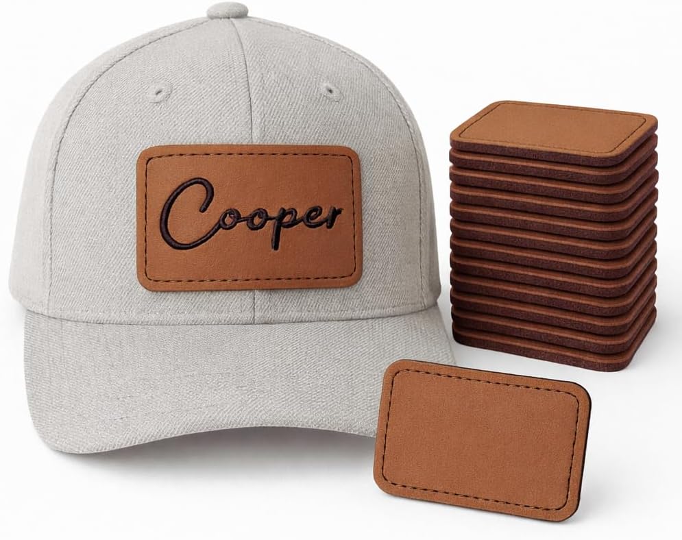 Leather Patches for Hats - 10 Pack, 3"x2" Blank Adhesive Back, Leather Hat Patches, Iron On, Laser Engraving Ready