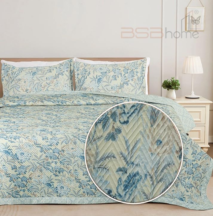 Image of Amazon Brand - Umi 100% Cotton Quilted /Ultrasonic 280 Tc Printed King Size Bed Cover /Bedsheet /Bedspread Comforter with 2 Pillow Shams /Cover, (Luxurious, 90 x100 inches, Blue & Beige)