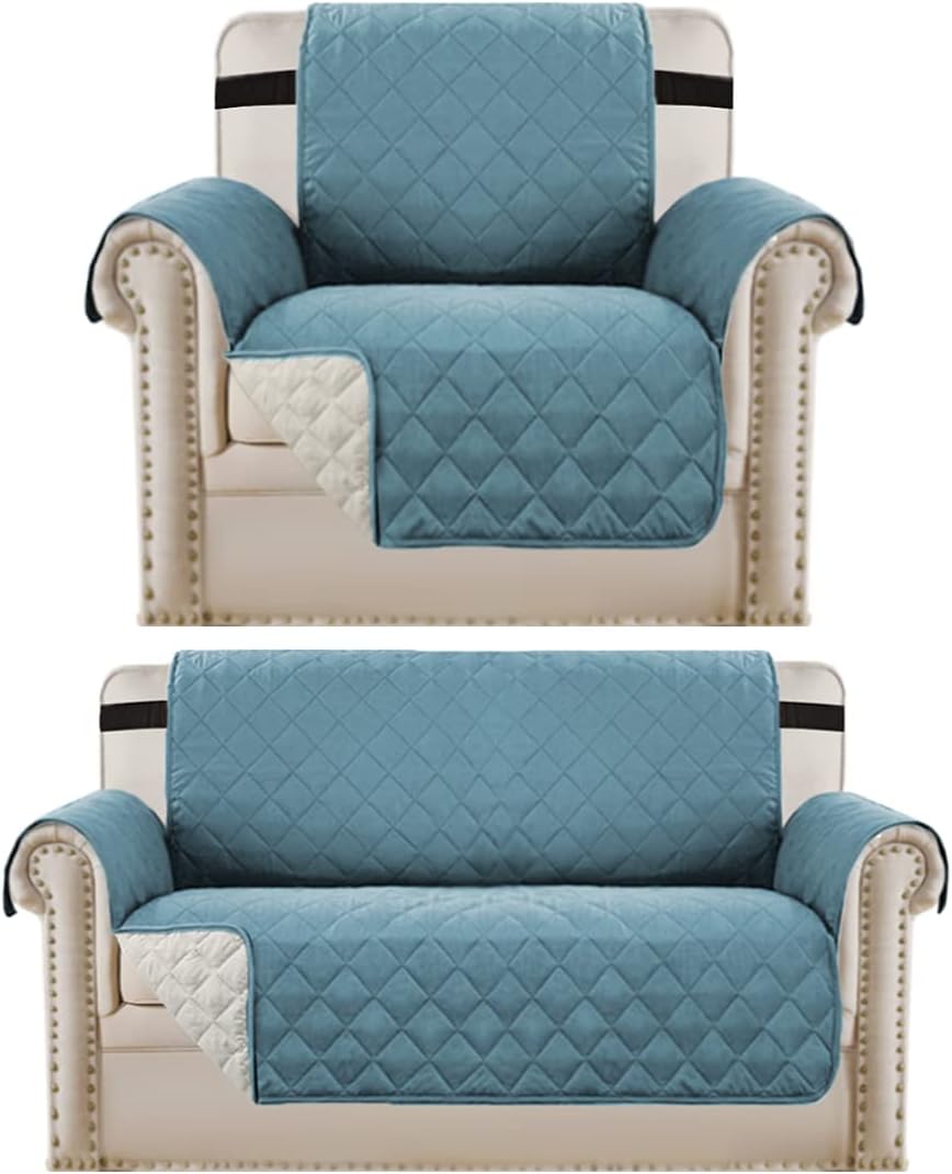H.VERSAILTEX Reversible Smoke Blue Chair Cover and Loveseat Cover Bundle
