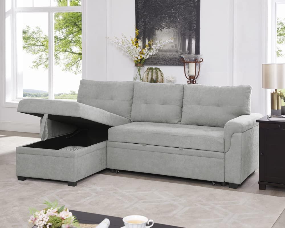 Naomi Home Sectional Sleeper Sofa - Elegant L-Shaped Couch Convertible Pull-Out Bed, Ample Storage, Timeless Design, Sturdy Construction, Long-Lasting for Modern Living, Velvet, Gray