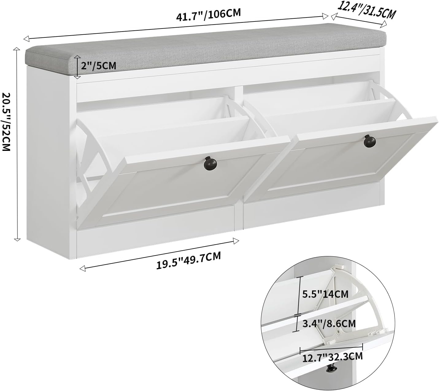 VOWNER Meuble Chaussures, Banc de Rangement à Chaussures, avec Coussin Confortable, Meuble d'entrée Rangement pour Chaussures, 106 x 31 x 52 cm, Séparateurs Réglables (Blanc)