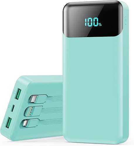 Cargador portátil de 40800 mAh con 3 cables integrados, PD 25 W USB C entrada y salida cargador de teléfono rápido, QC4.0 pantalla LED de 5 salidas