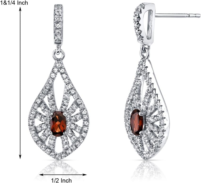 Peora 14K White Gold Garnet and White Topaz Chandelier Earrings for Women, Genuine Gemstone, 2 Carats total, Oval Shape 5x3mm, Friction Backs, Red Garnet Earrings, January Birthstone Earrings