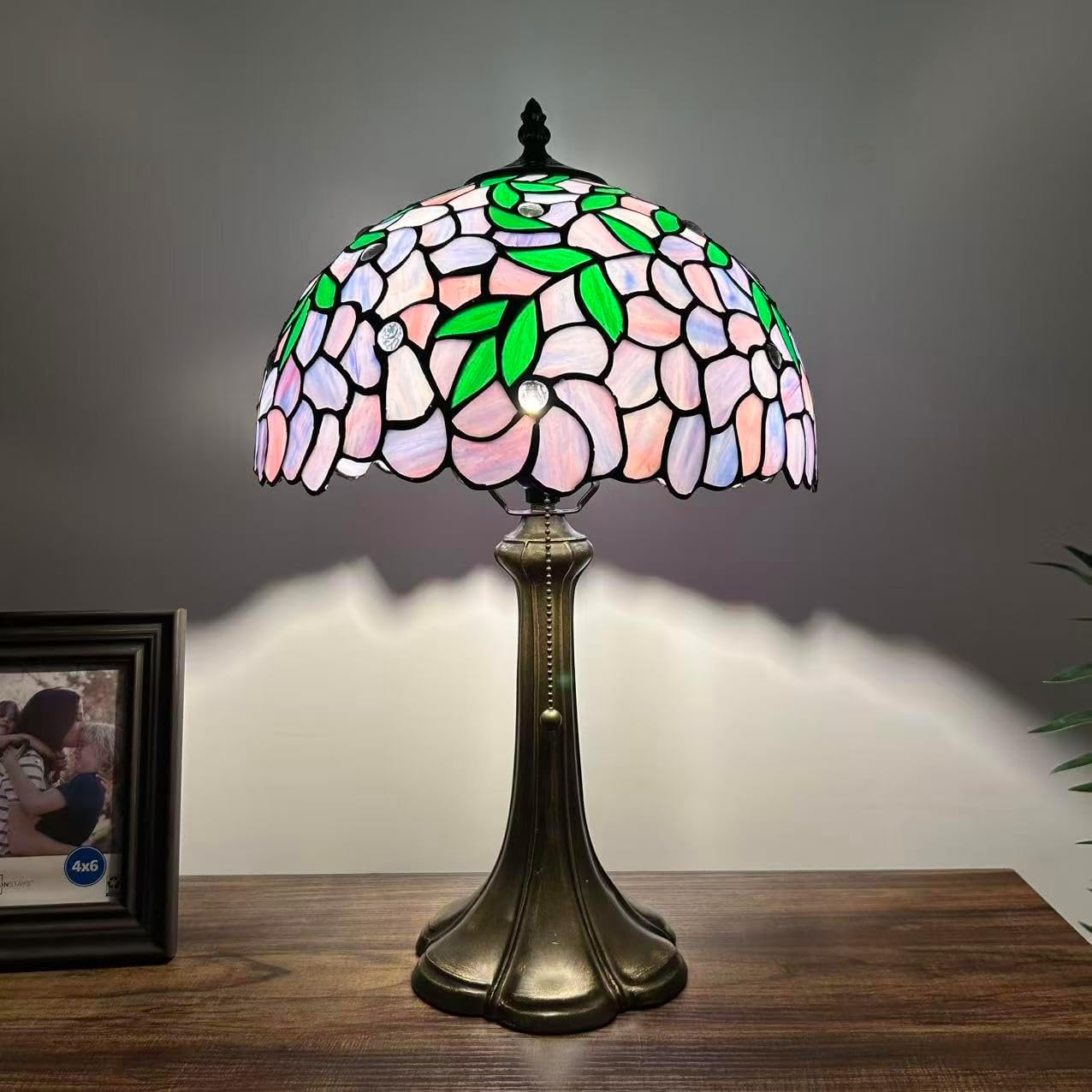 Tiffany Table Lamp Purple Stained Glass Green Leaves LED Bulb Included for Living Room Bedroom Bedside19 H*12" W*12" D*19" H