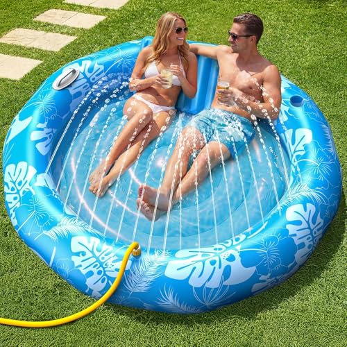 Pool Inflatable Tanning Pool Lounger Float with Sprinkler, 72"x65" Round Pool Float Adults with Pillow XL Cup Holder Handle Blow Up Tanning Bed for Summer Sunbathing Water Lounge Party Gifts, Blue