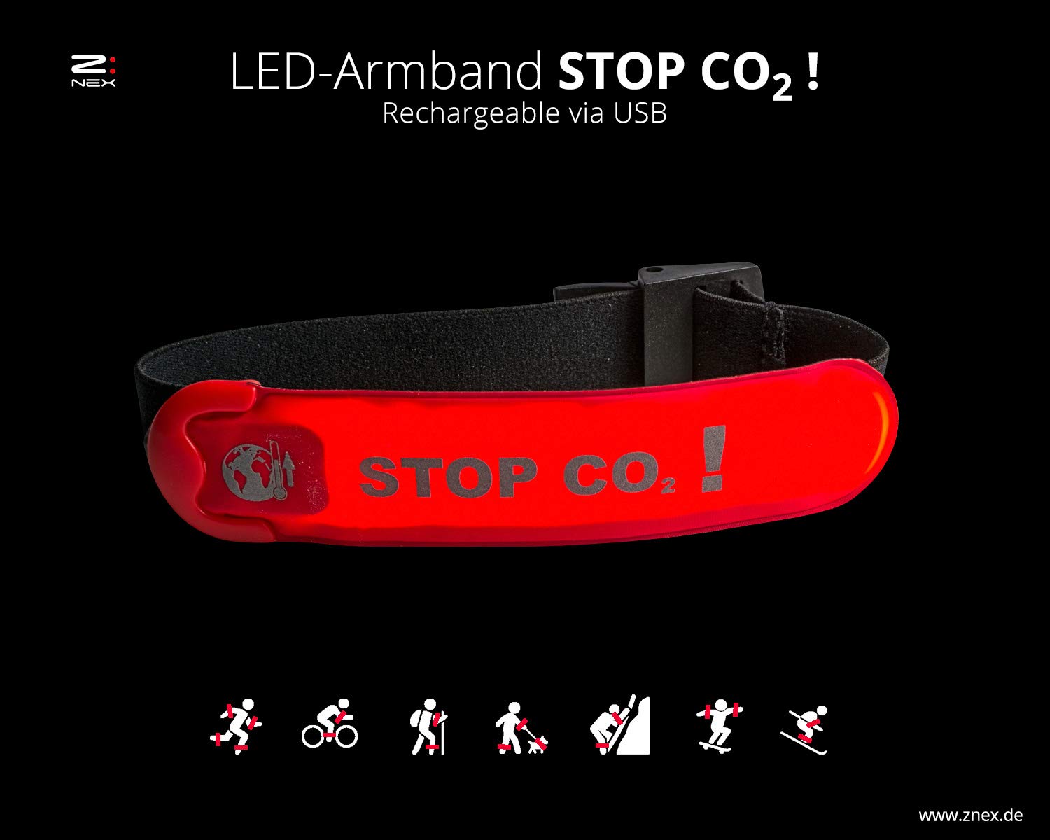 Brassard LED Z:NEX - Rechargeable USB - 2 Modes (fixe/clignotant) - Autonomie 7h - Pour Sport Nocturne Et Sécurité Routière