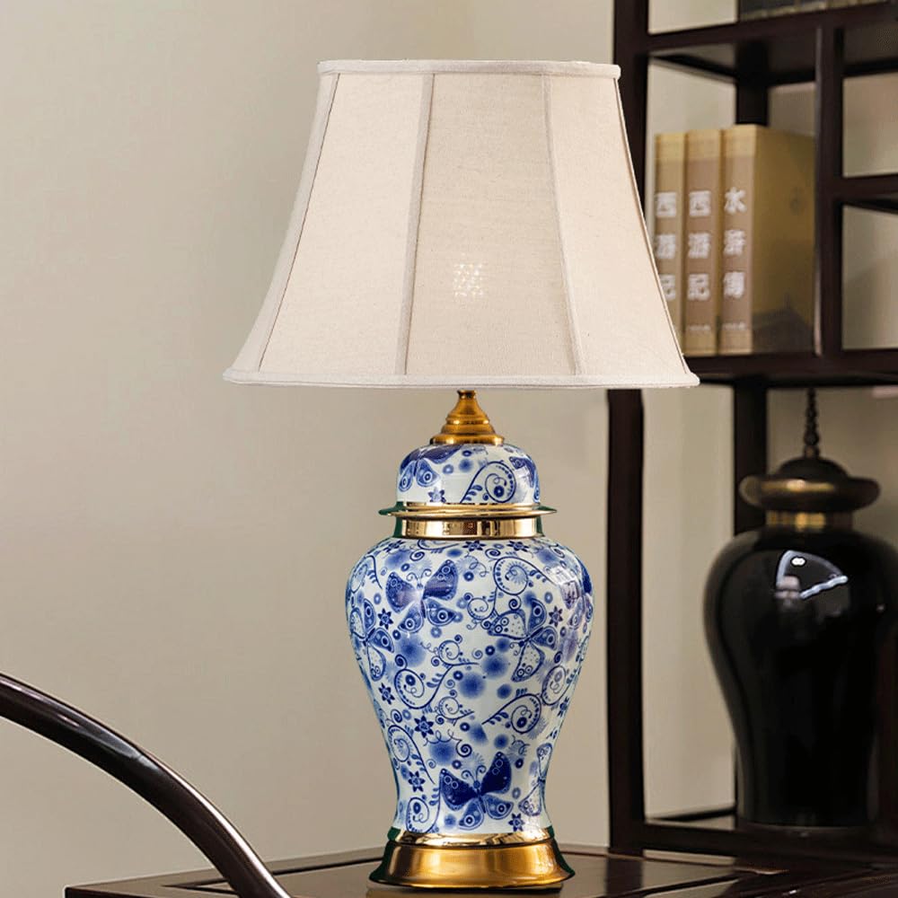 SANBDDLYY Mid-Century Hand-Painted Blue and White Ceramic LED Bedside Lamp Chinese Fabric Shade for Bedroom, Living Room, and Office