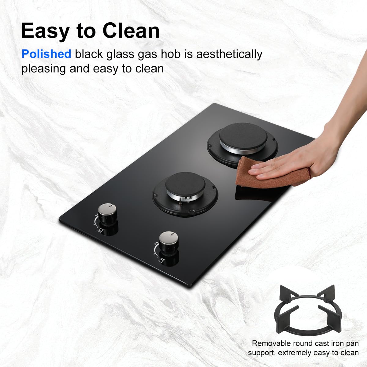 SNDOAS 2 Burners Gas Hob, Black Glass Gas Hob Flame Failure Protection, NG/LPG Convertible, Cast Iron Pan Support, 30cm, 2400 W/1800 W — view 6