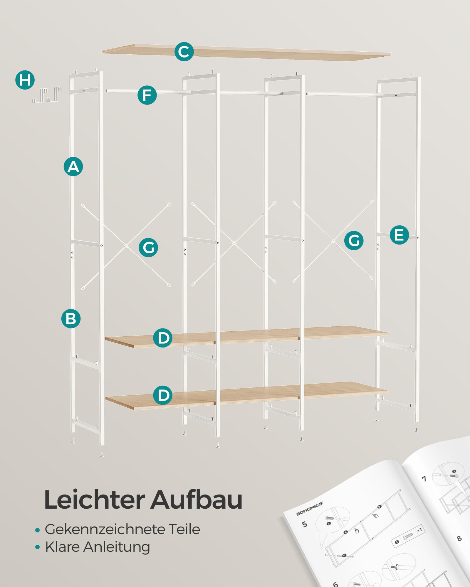 SONGMICS Kleiderschrank offen, Kleiderständer, Garderobenständer, Garderobe mit Kleiderstange, Ablagen, abnehmbare Haken, 40 x 141 x 180 cm, naturbeige RGR005W67