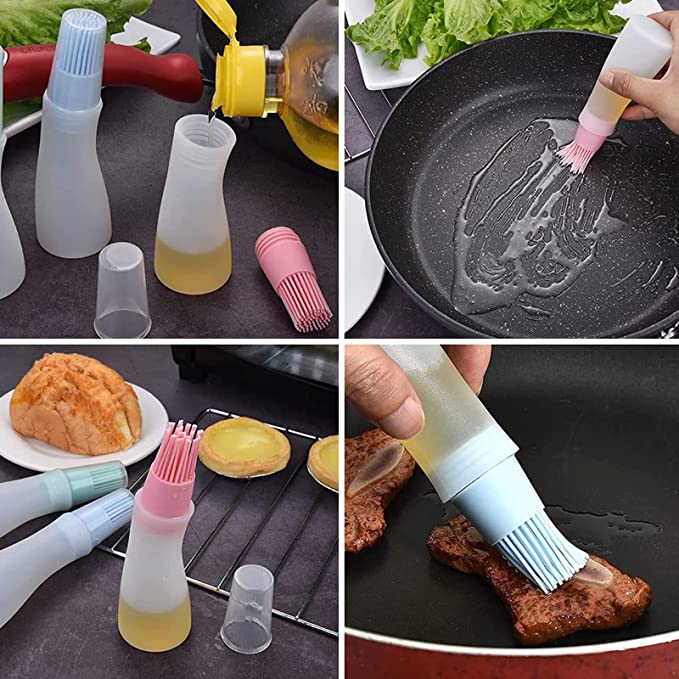 3 Brosses à Huile En Silicone Avec Bouteille - Bleu, Rose, Vert | Pour Barbecue, Pâtisserie, Cuisson
