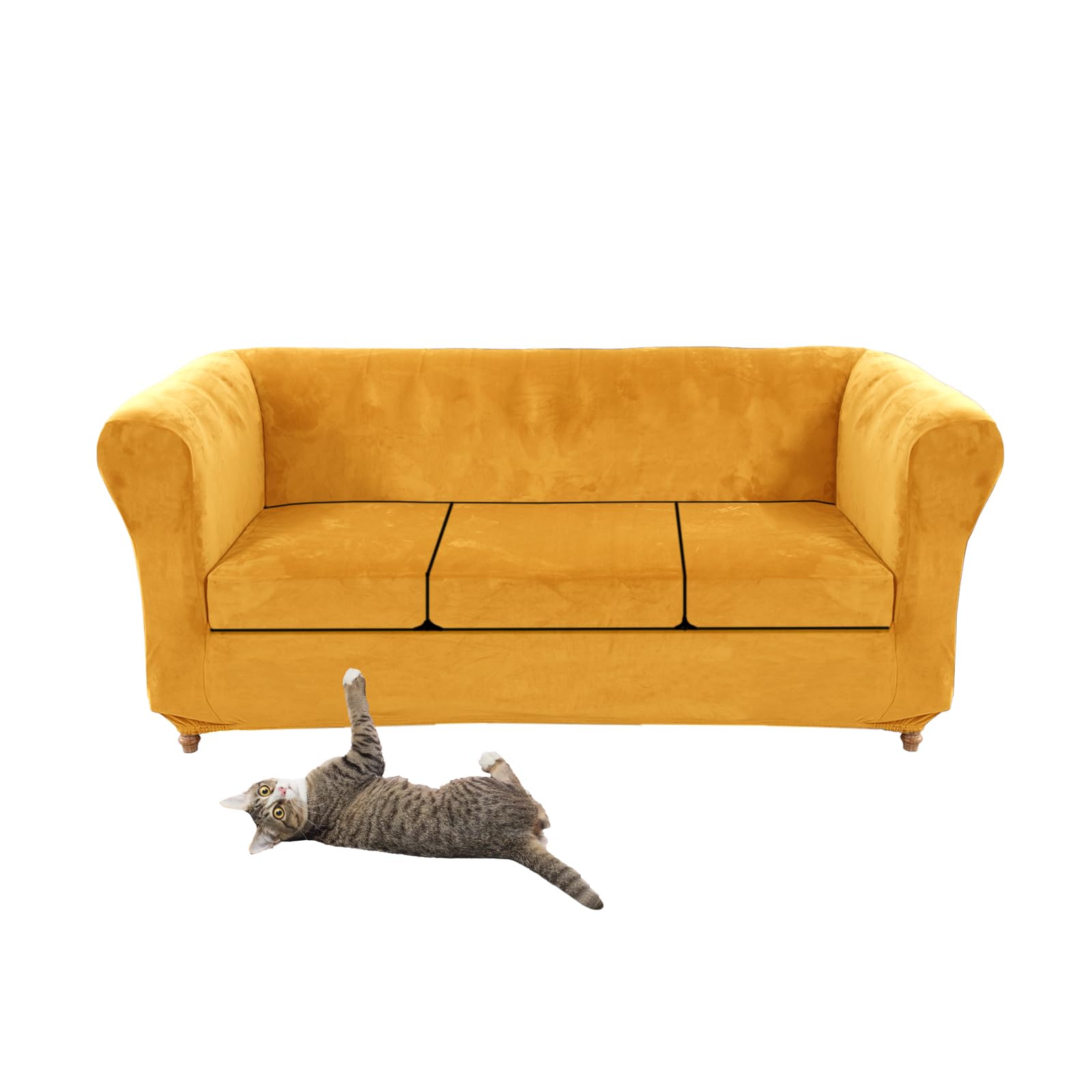 SYLC Stretch Velvet Chesterfield Sofa Cover, Couch Cover with Seat Cushion Cover for Curved Settee Armchair Vintage Style (Yellow,Sofa+3 Small Seats) — image 1