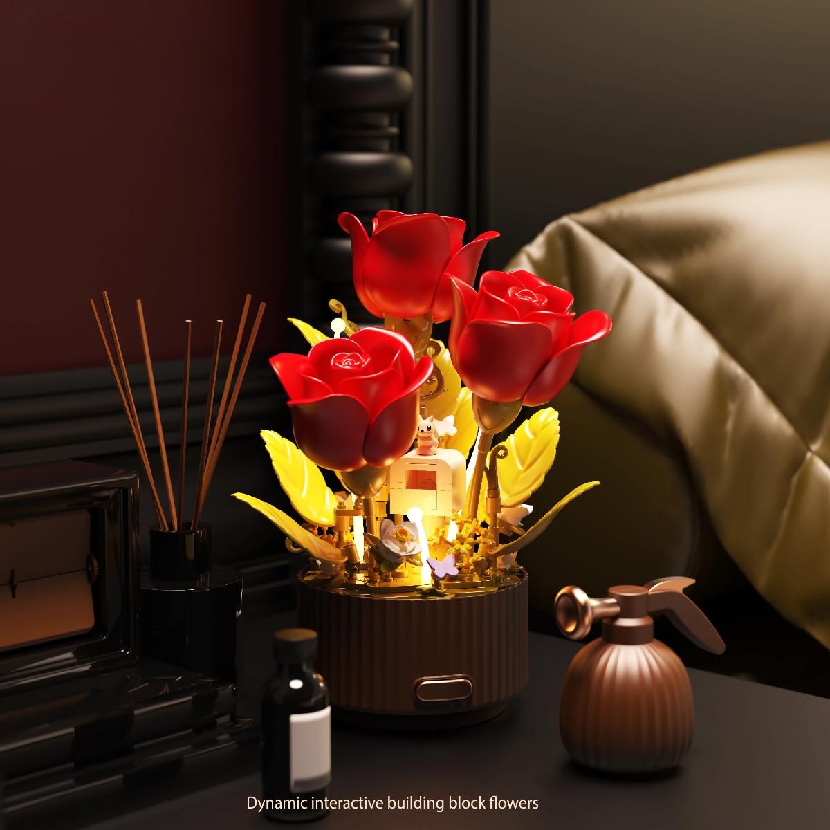 Rosen Blumenstrauß Bausteine Set, Dynamischer Blumenstrauß Baukasten | 255 Teile Blumenstrauß Bausteine mit Fernbedienung, Bonsai Botanical Kollektion Bauklötz für Büro Heimdekoration