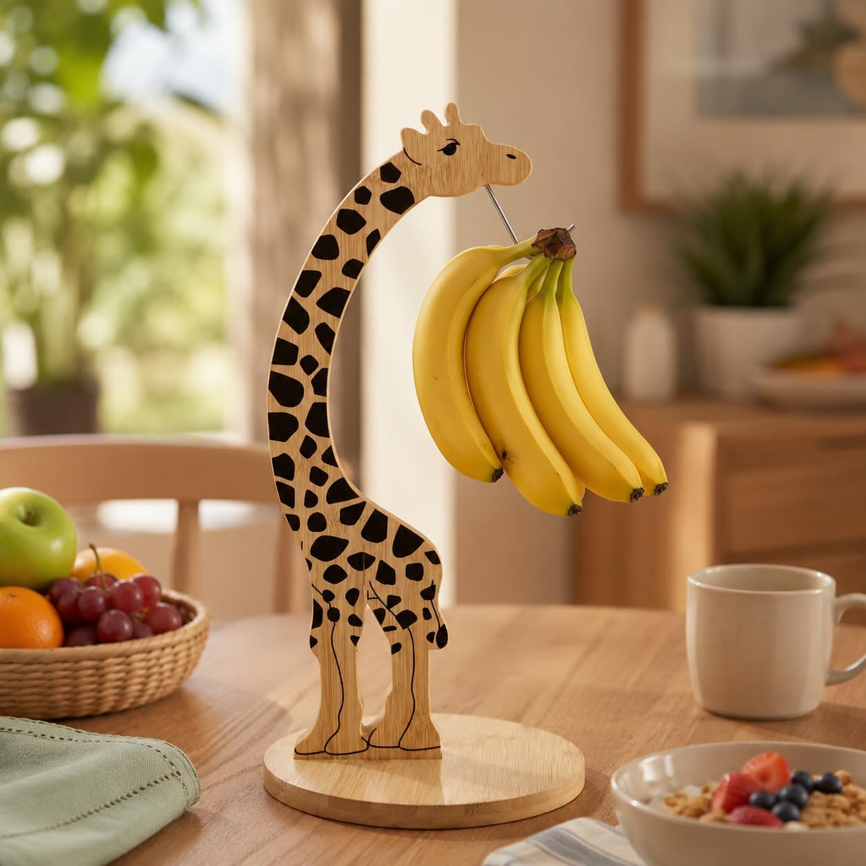 Giraffe Banana Hanger Stand with Hook, Wooden Countertop Fruit Holder image 4