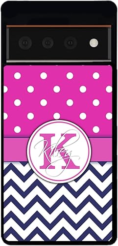 Pink Polka Dots Blue Chevron Personalized Initial Black Rubber Phone Case Compatible With Google Pixel 10, 10 Pro, 10 Pro XL, 9a, 9 Pro, Pixel 9,