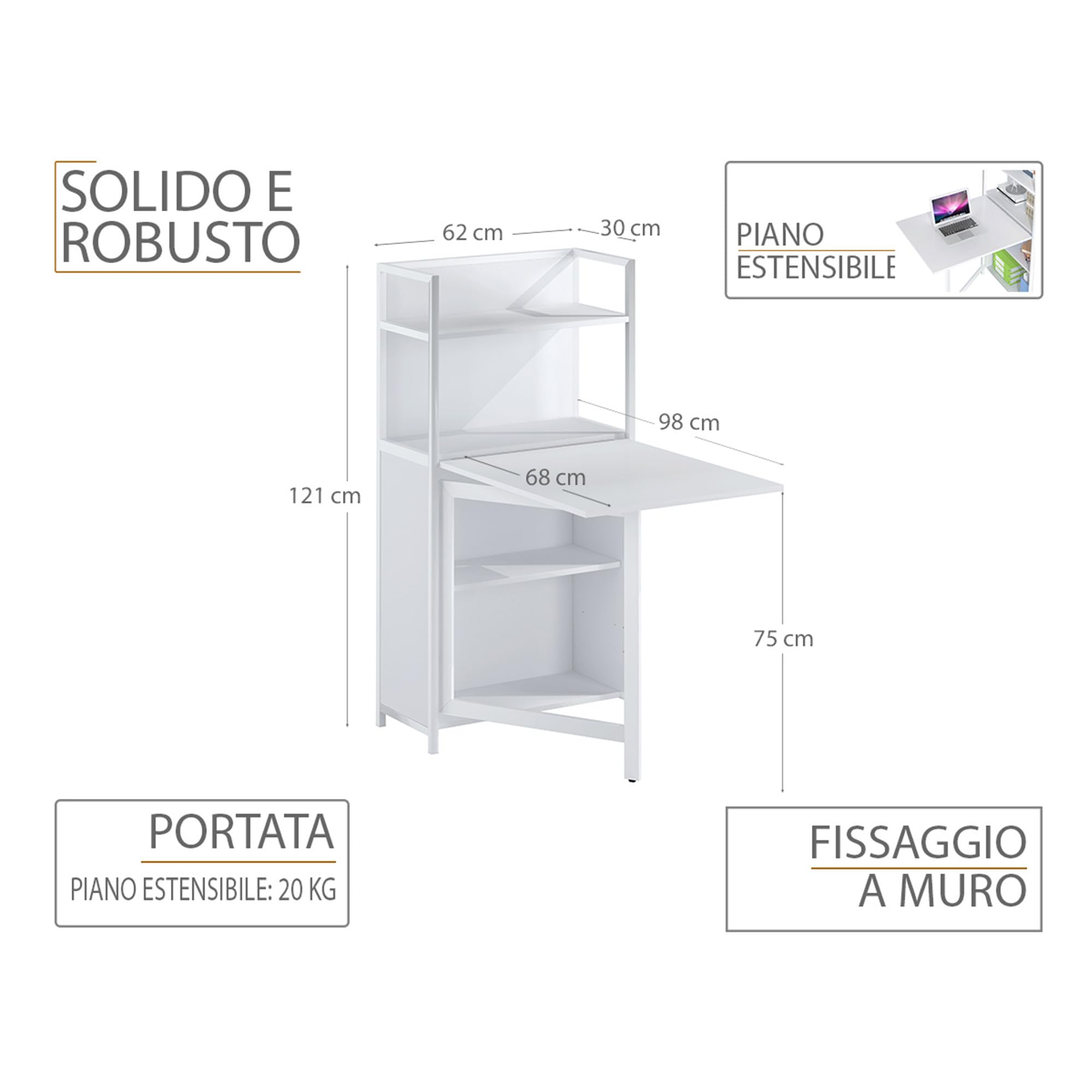 yelloo - Scrivania Salvaspazio Piccola, Scrivania Bianca con Cassetti per Ufficio, Cameretta, Tavolo Scrivania a Muro dal Design Semplice Ideale per Zona Studio e Smart Working (Mod. COMPACT)