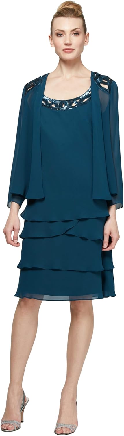 S.L. Fashions Women's Petite Mother of The Bride Jacket Dress with Sequined Cut Out Shoulder, Mid Teal, 12