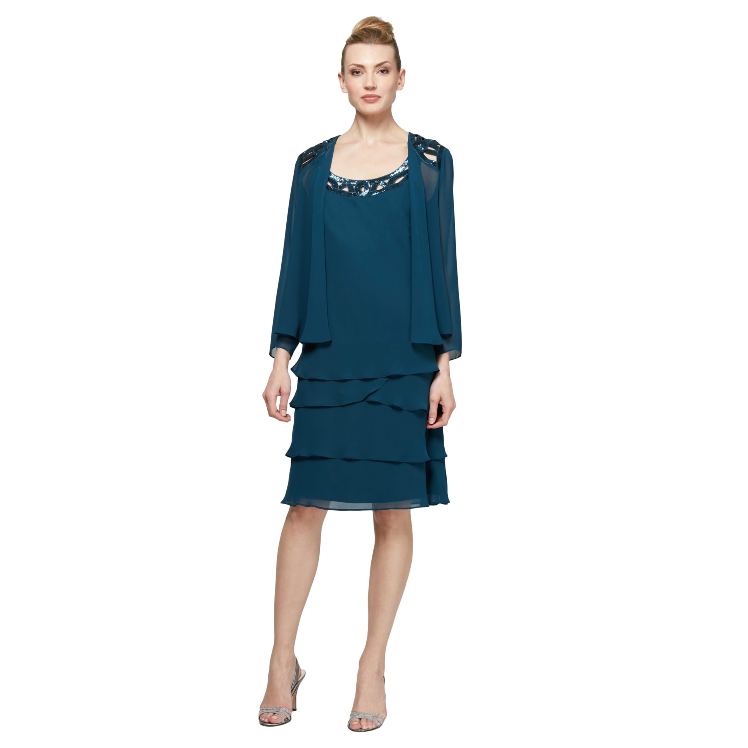 S.L. Fashions Women's Petite Mother of The Bride Jacket Dress with Sequined Cut Out Shoulder