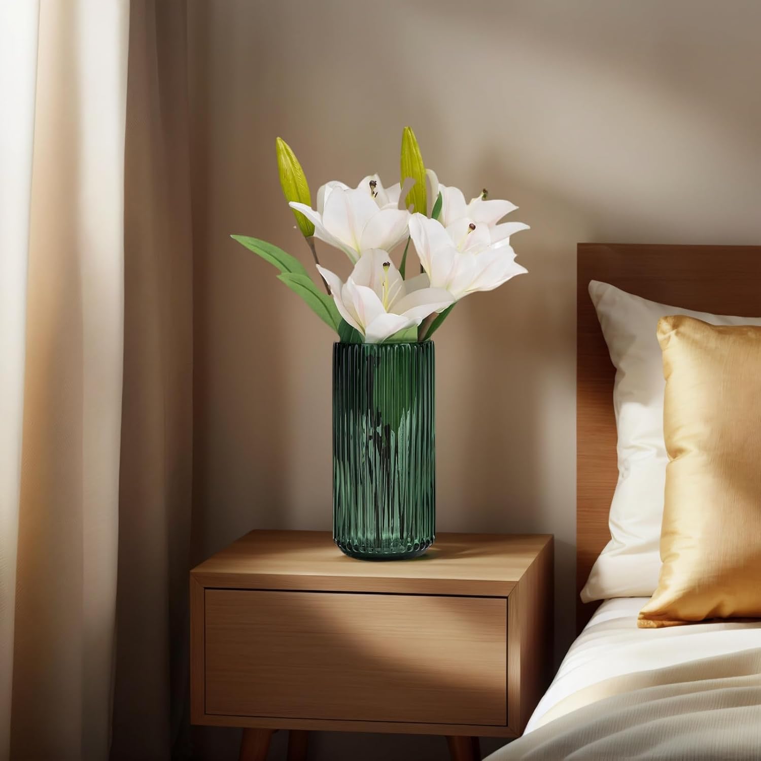 Ekirlin Green 7.5 inch Flower Vase for Home Decor, Thickened Hand Blow Glass Vase Round Vintage Striped Bottles for Bookshelf, Dinner Table, Indoor, Office, Desktop, Meeting Room, Bathroom, Best Gift - Image 6