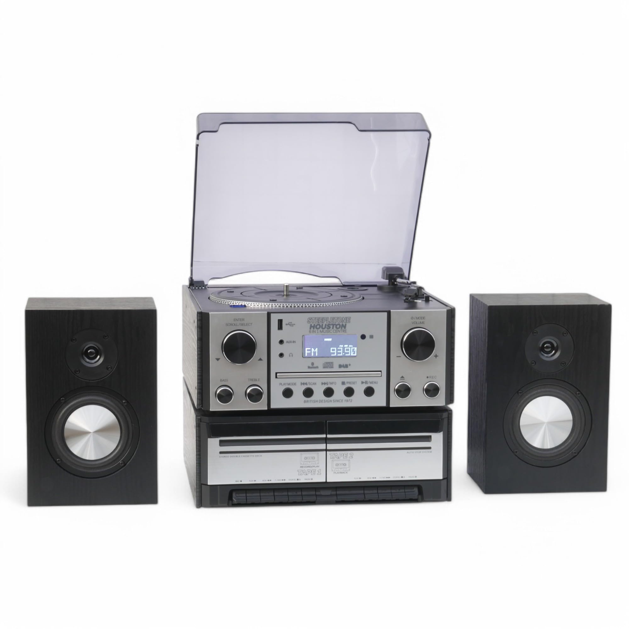 Steepletone HOUSTON XP Argent Centre de Musique 6 en 1, Lecteur de Disques Vinyl Bluetooth, Platine Tourne-Disque avec CD, Cassette, Radio DAB+ / FM, Lecture et Encodage MP3 USB, NOUVEAU Haut-Parleurs